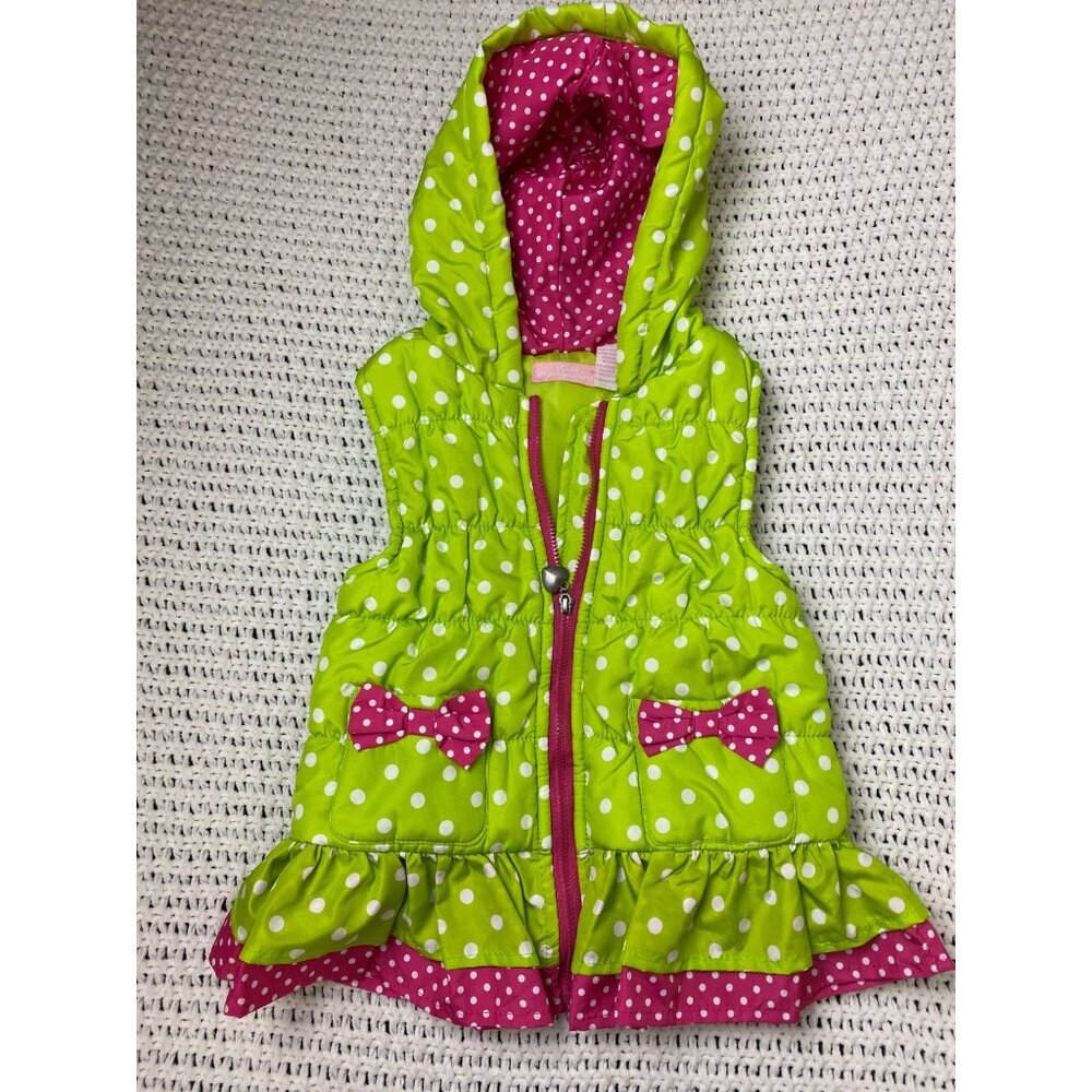 Kids Headquarters Girls Polka Dot Puffer Vest Size 5 Green Pink‎ Bow Hooded Zip